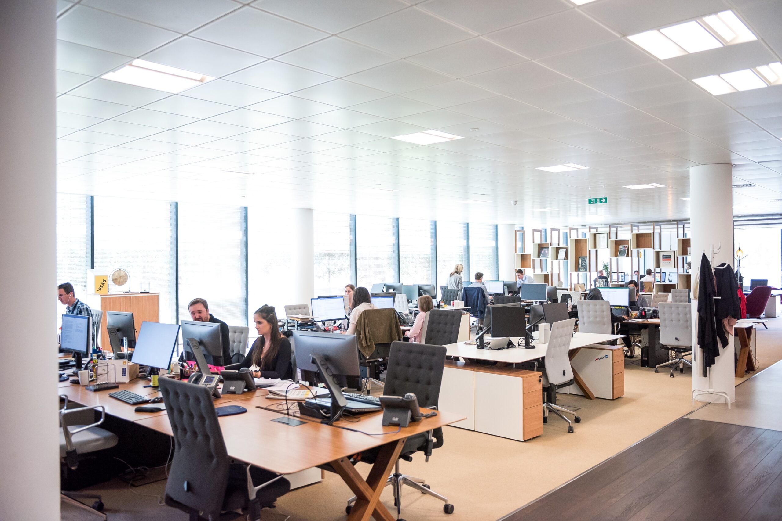 people working in an open concept office space